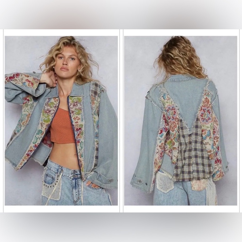 New POL Floral Patchwork Tapestry zip Jean Jacket